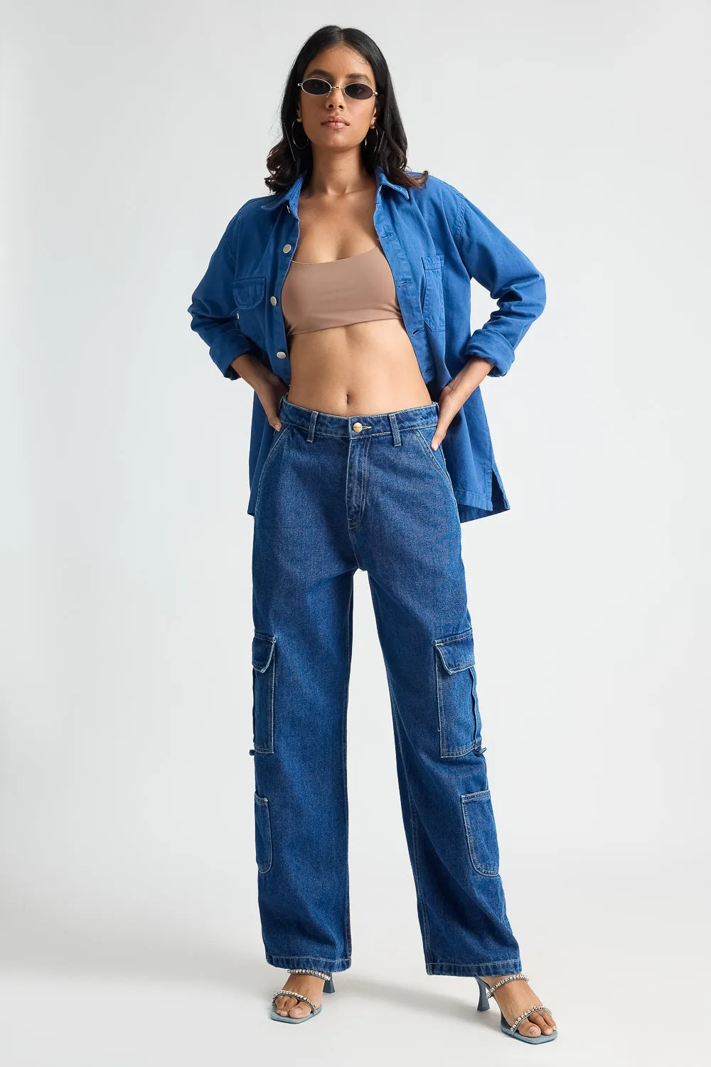 Indigo Utility Pocket Women's Baggy Straight Cargo Jeans Sleek Waist