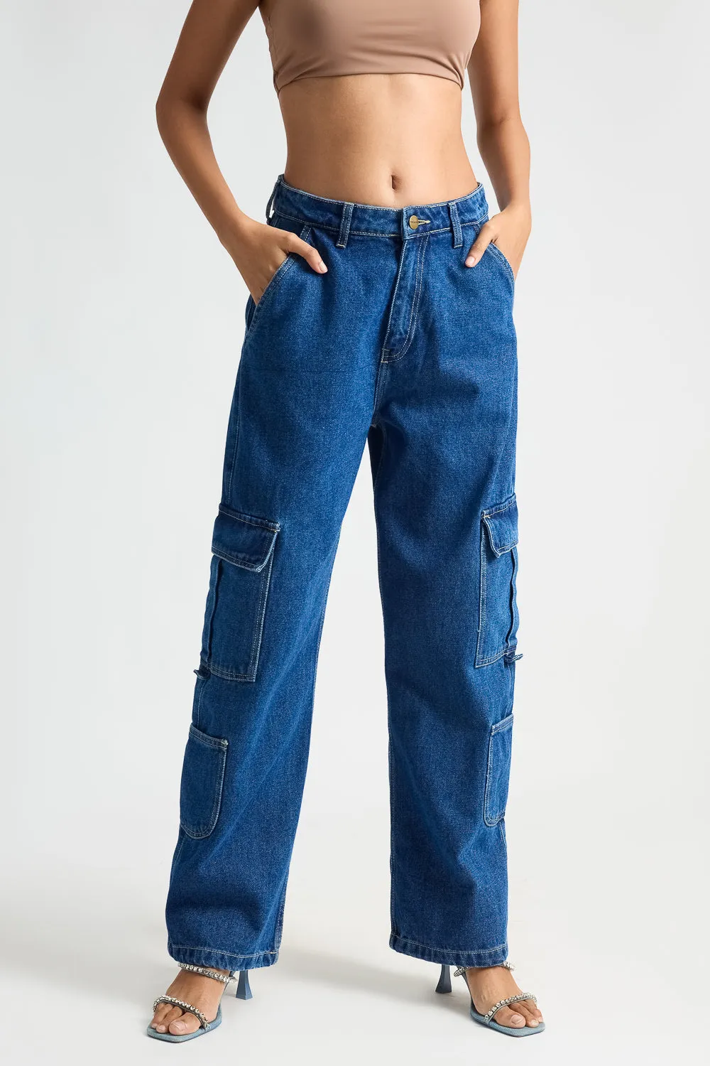 Softened Fabric Fresh Attire Indigo Utility Pocket Women's Baggy Straight Cargo Jeans