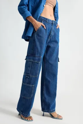 Party Look Classic Wear Indigo Utility Pocket Women's Baggy Straight Cargo Jeans
