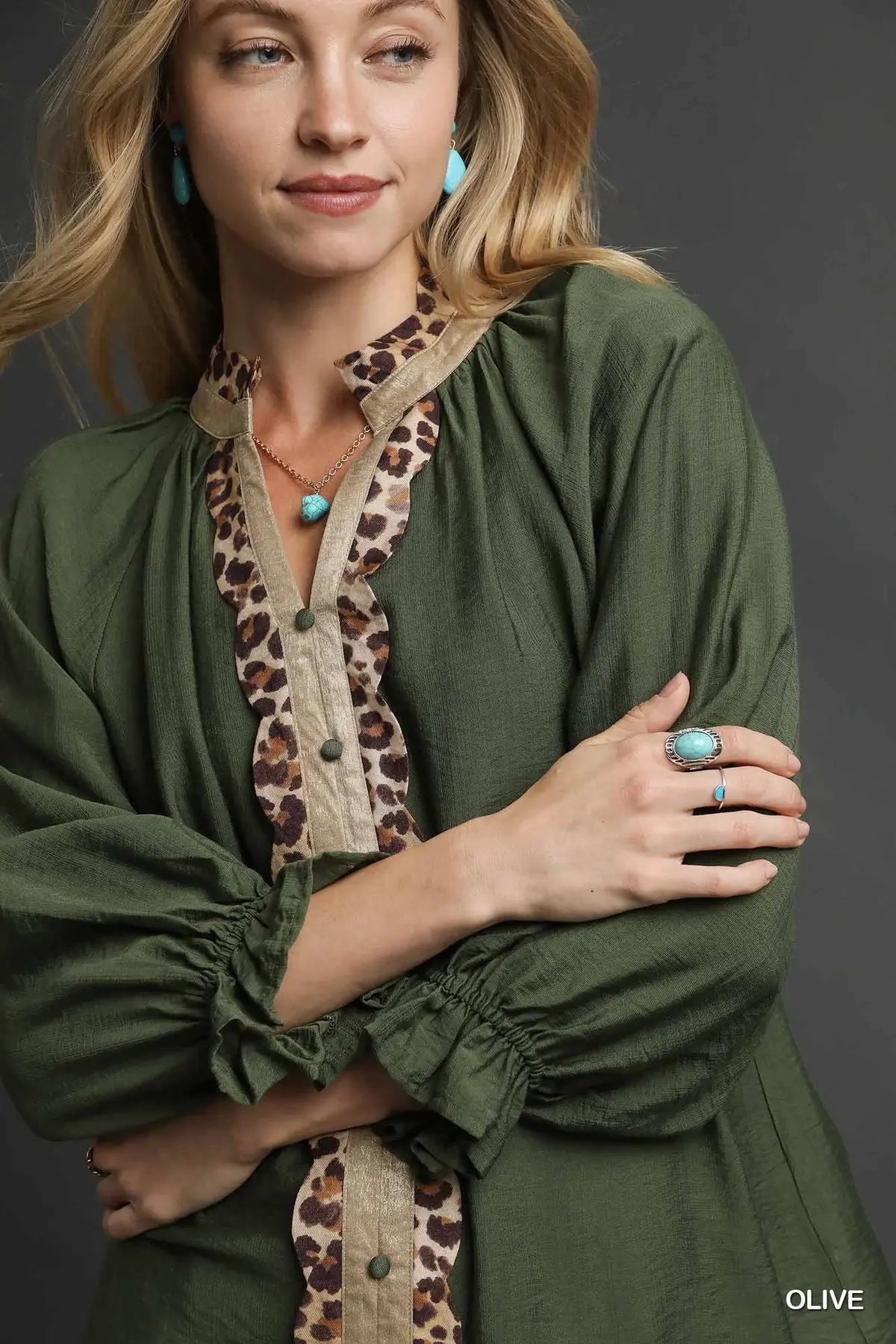 Recycled Polyester Material BreathableMesh Olive Green Button Front Top w/ Leopard Trim