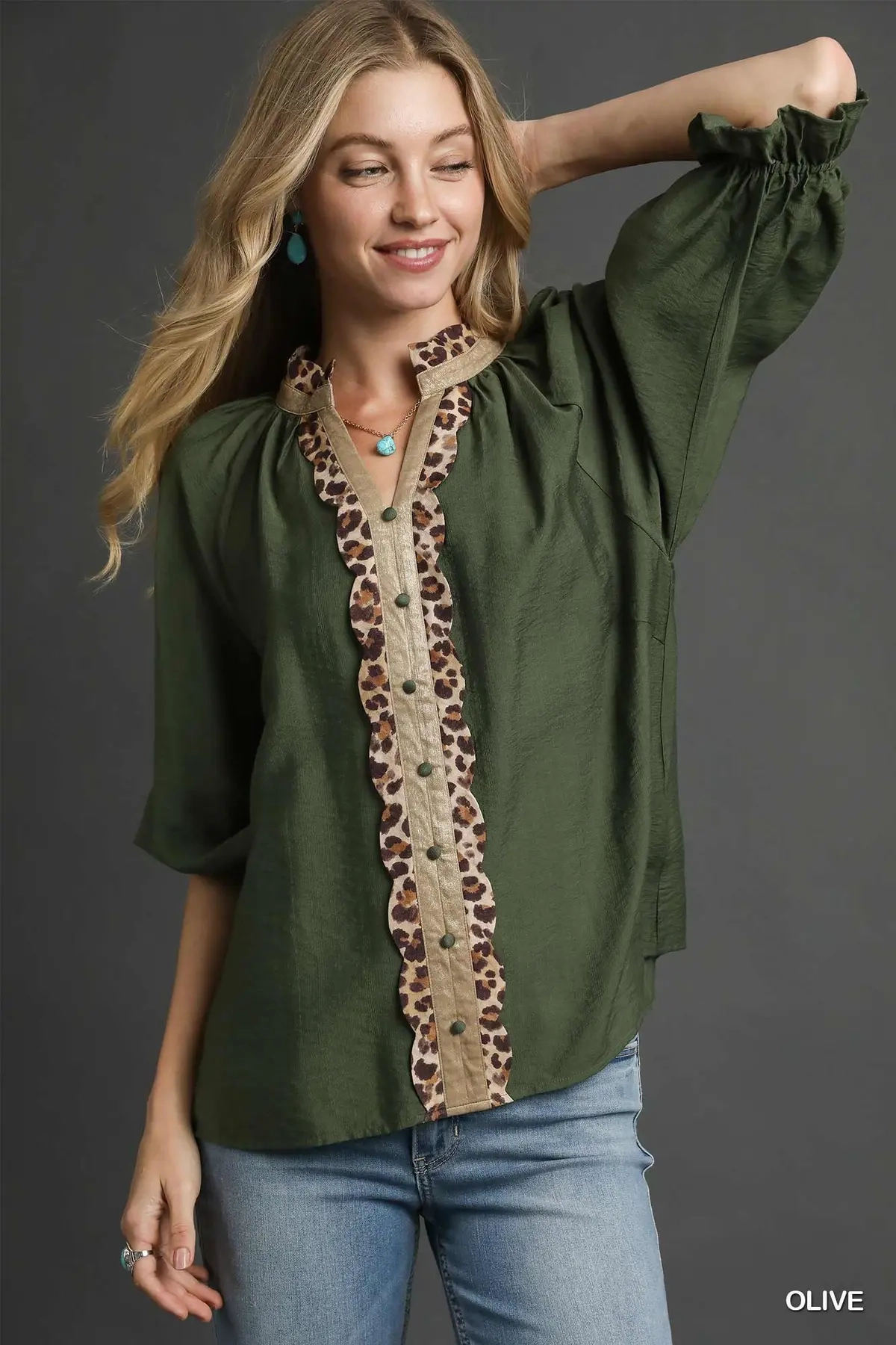 Microfiber Technology Eco Friendly Material Olive Green Button Front Top w/ Leopard Trim