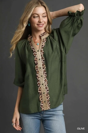 Microfiber Technology Eco Friendly Material Olive Green Button Front Top w/ Leopard Trim