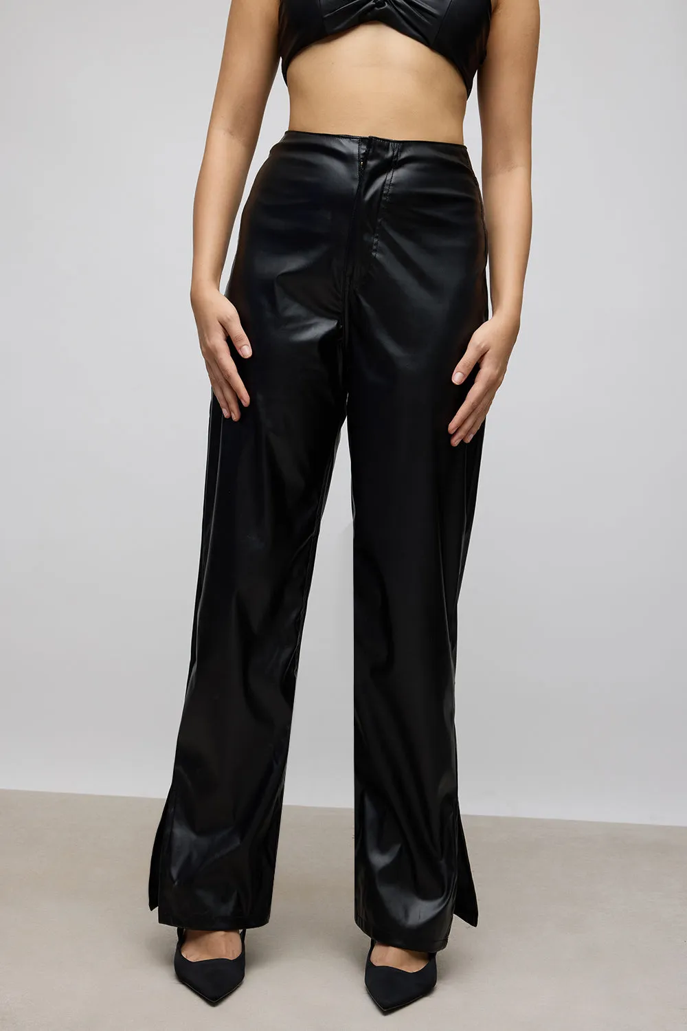 ReinforcedSeams Black Side Slit Women's Straight Leather Pants