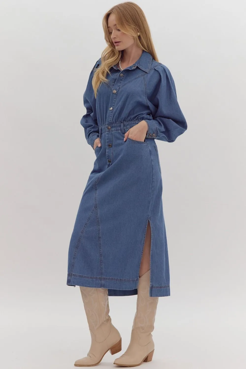 Relaxed Fit Design Denim Midi Shirt Dress w/ Side Slit