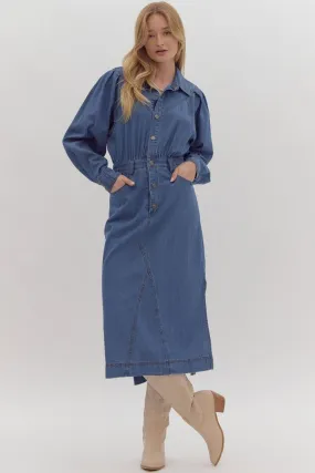 One-Shoulder Denim Midi Shirt Dress w/ Side Slit