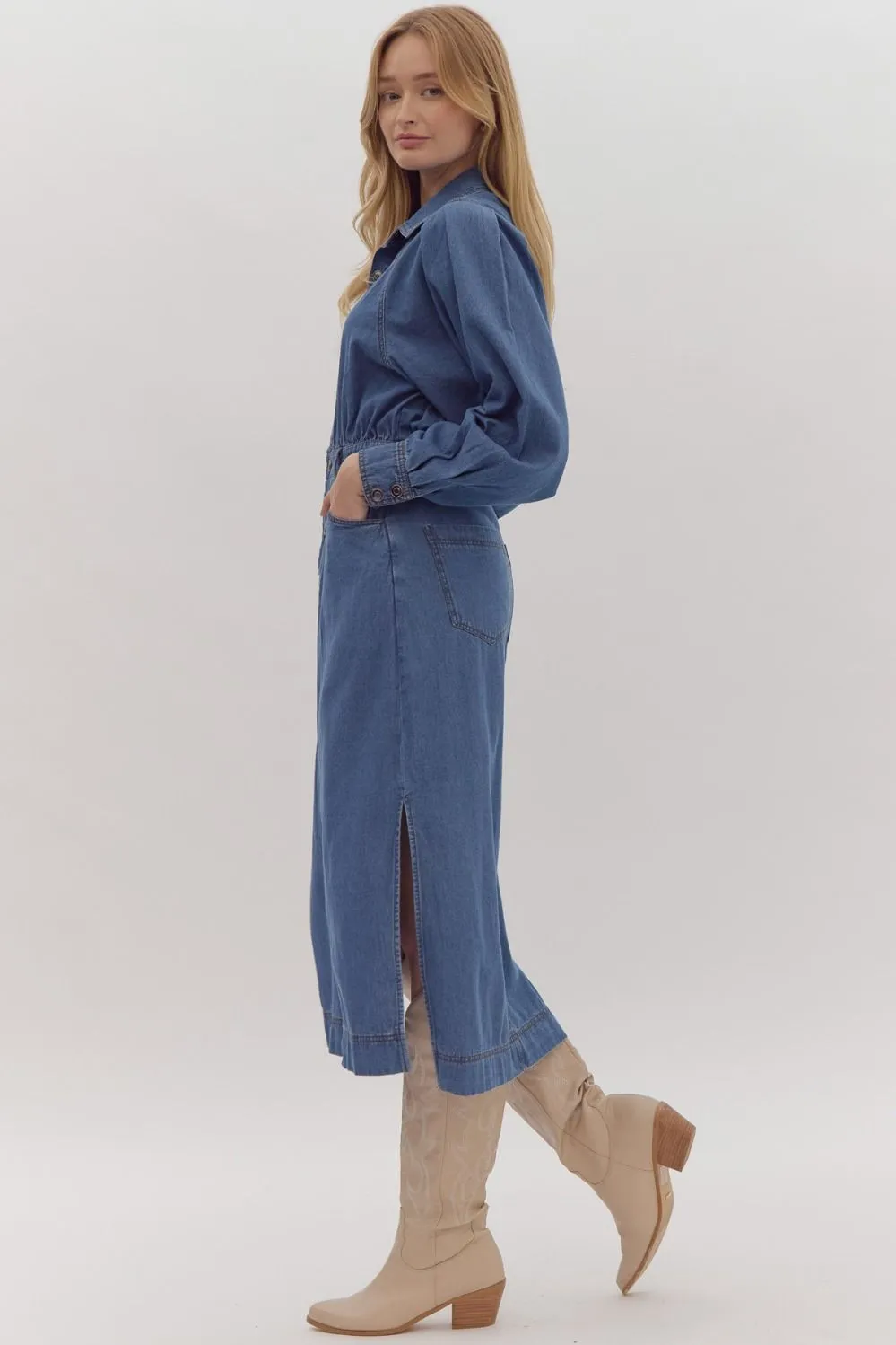 Denim Midi Shirt Dress w/ Side Slit Crinkle Effect Match Quick