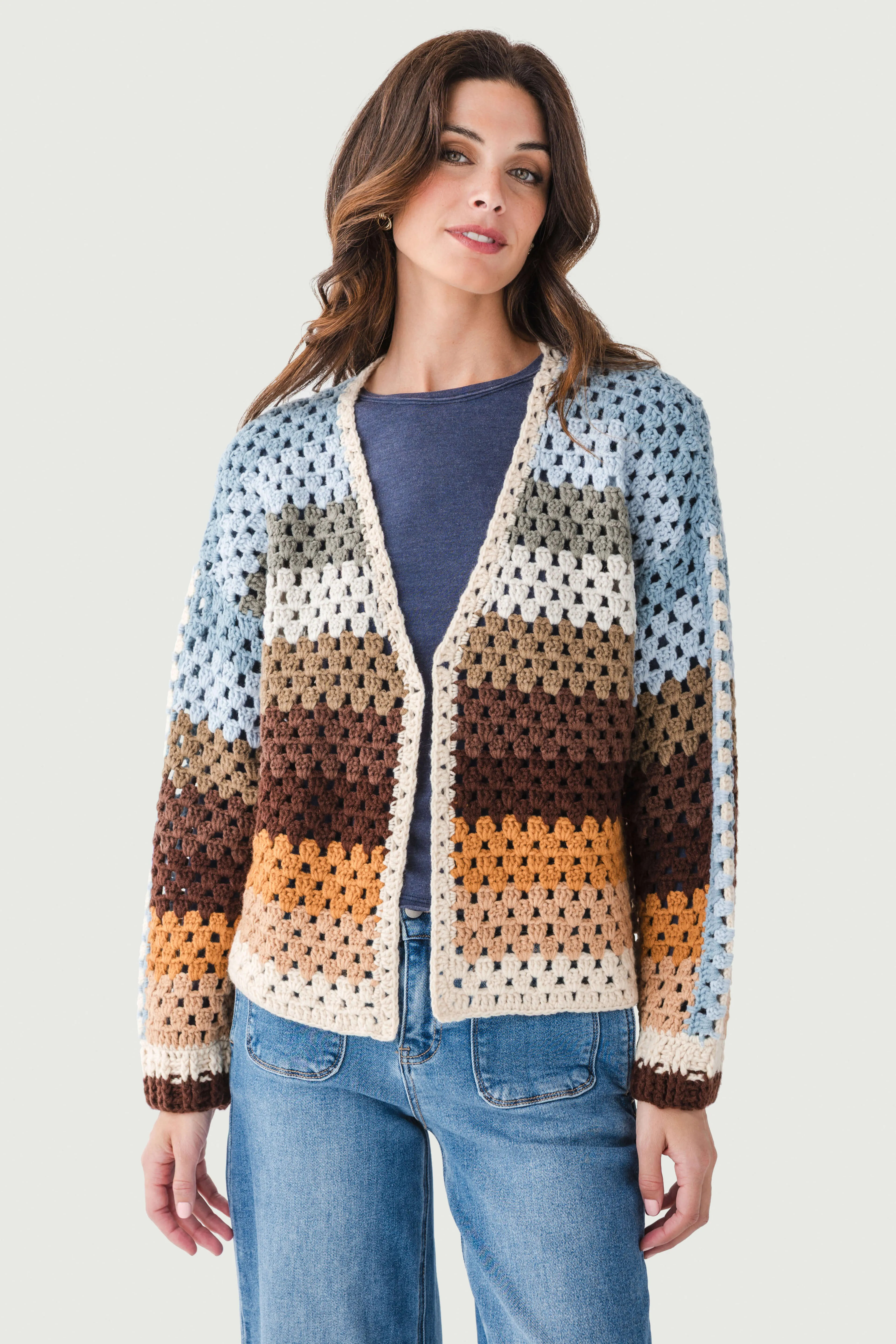 Elan Multi Stripe Crochet Cardigan Warm Look