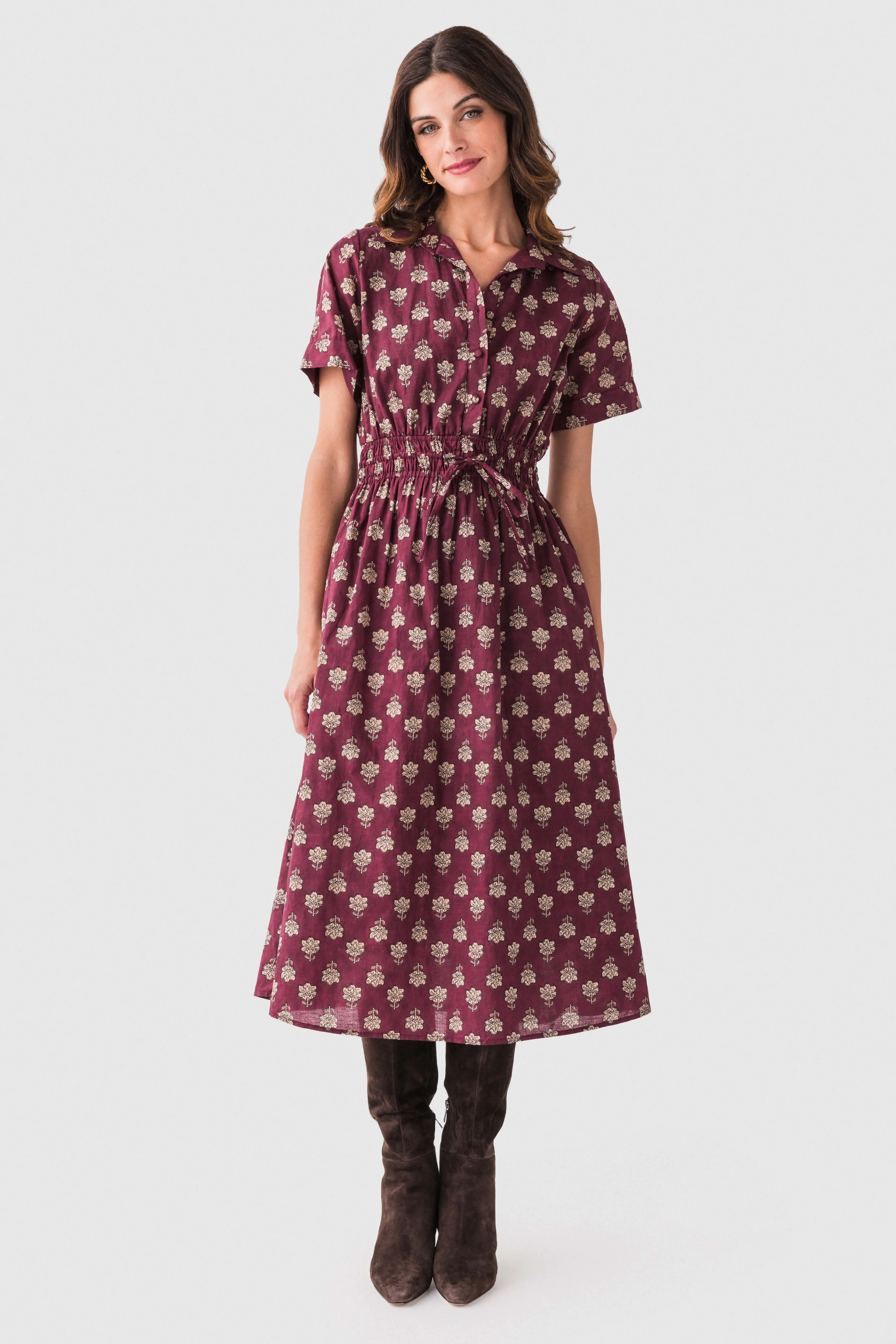 THML Block Print Collared Tie Waist Midi Dress Cute Touch