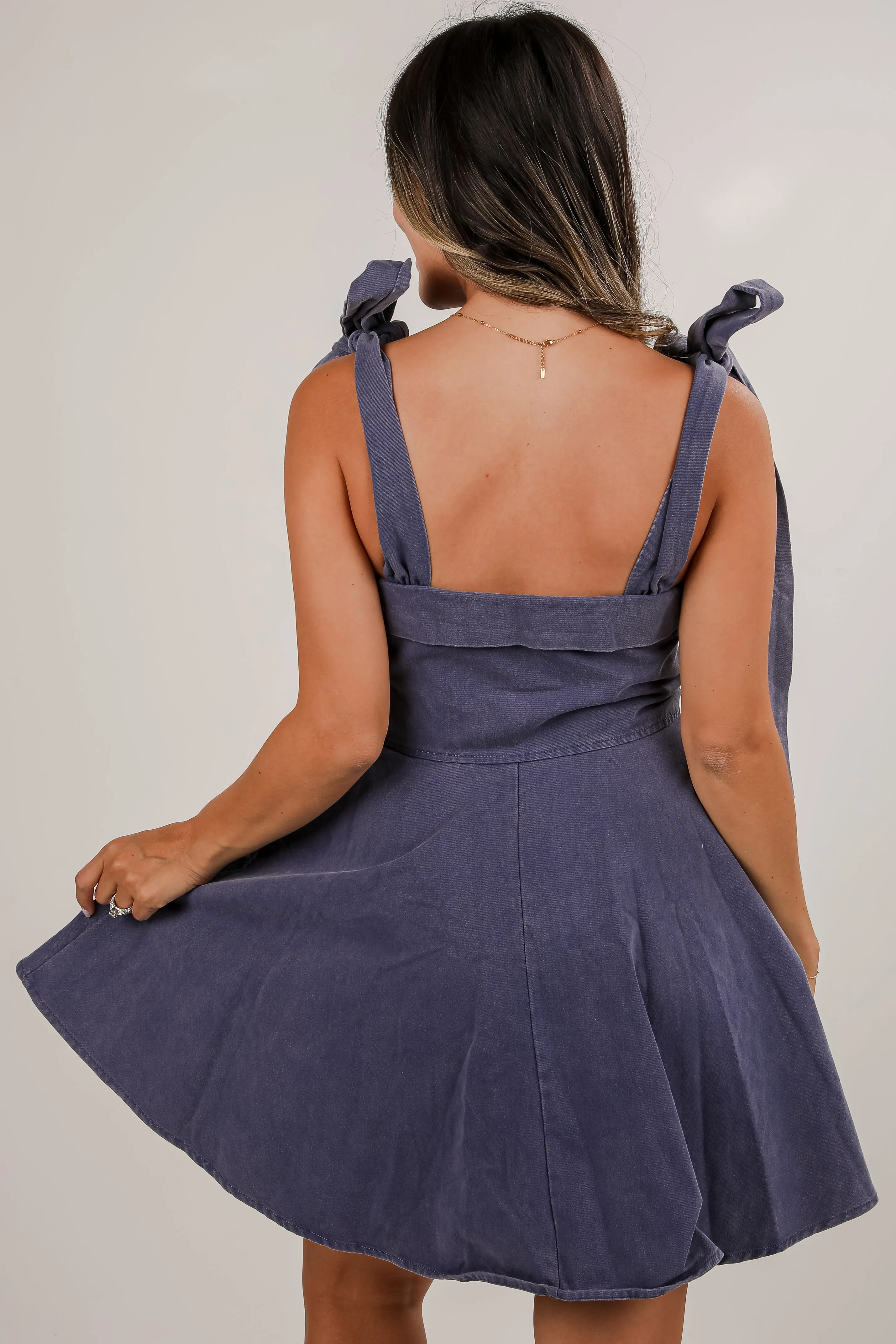 FINAL SALE - Meet Me Later Denim Mini Dress Soft Layers Chain-Detail