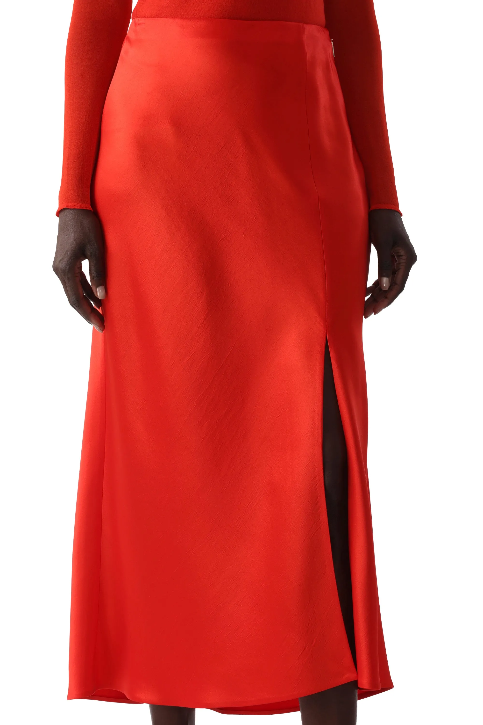 WASHED TWILL BIAS SLIP PENCIL MIDI SKIRT Daily Fashion Tassel accents