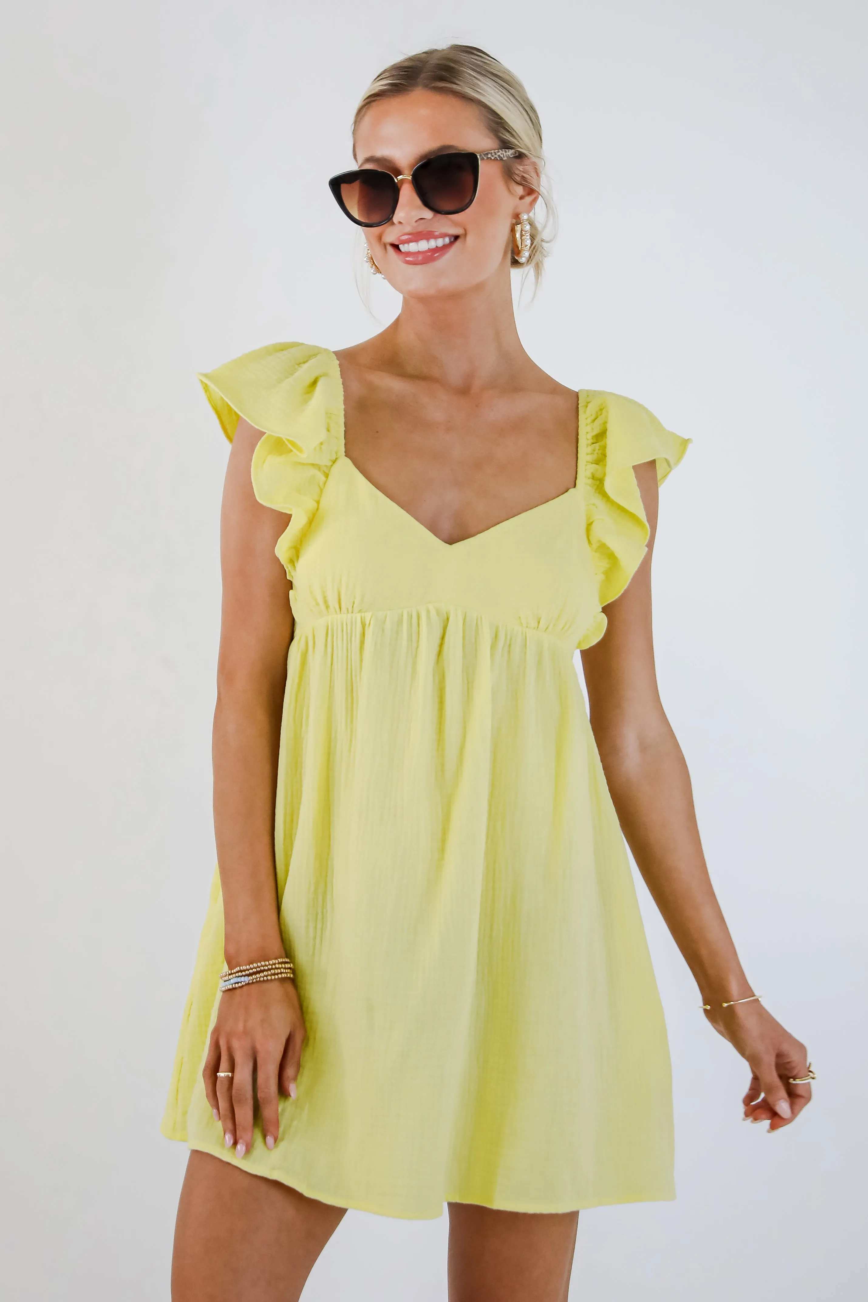 FINAL SALE - Social Hour Lemon Linen Babydoll Mini Dress Japan Line