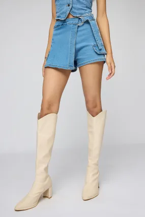 Cerulean Blue Mini Denim Skort Layered Structure Versatile Outfit