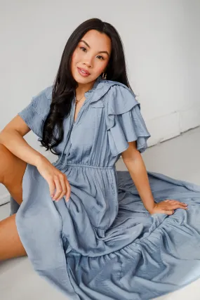 Perfectly Charming Blue Tiered Midi Dress Subtle Charm Pose Sweet