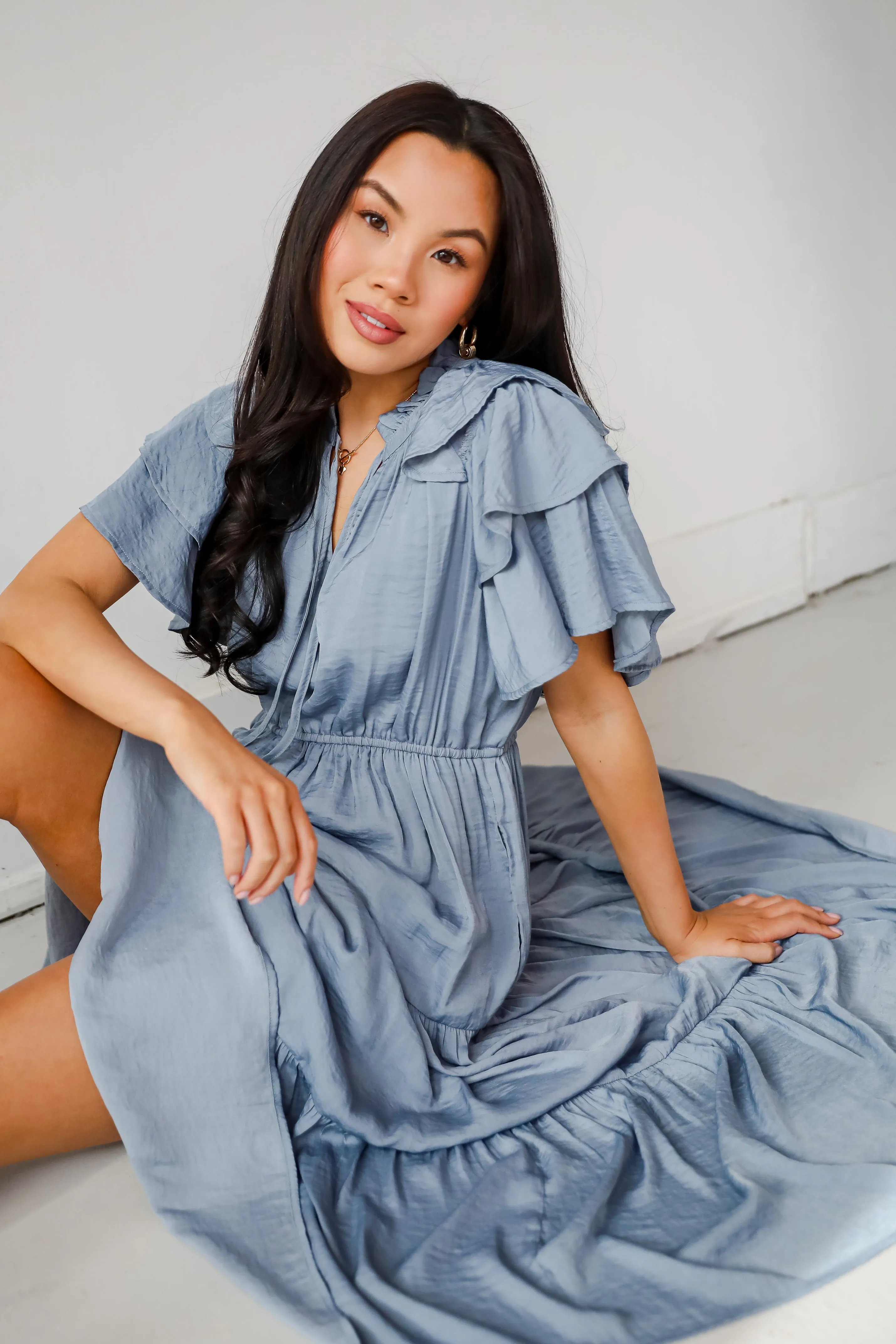 Perfectly Charming Blue Tiered Midi Dress All Gender Fit Radiant Mood