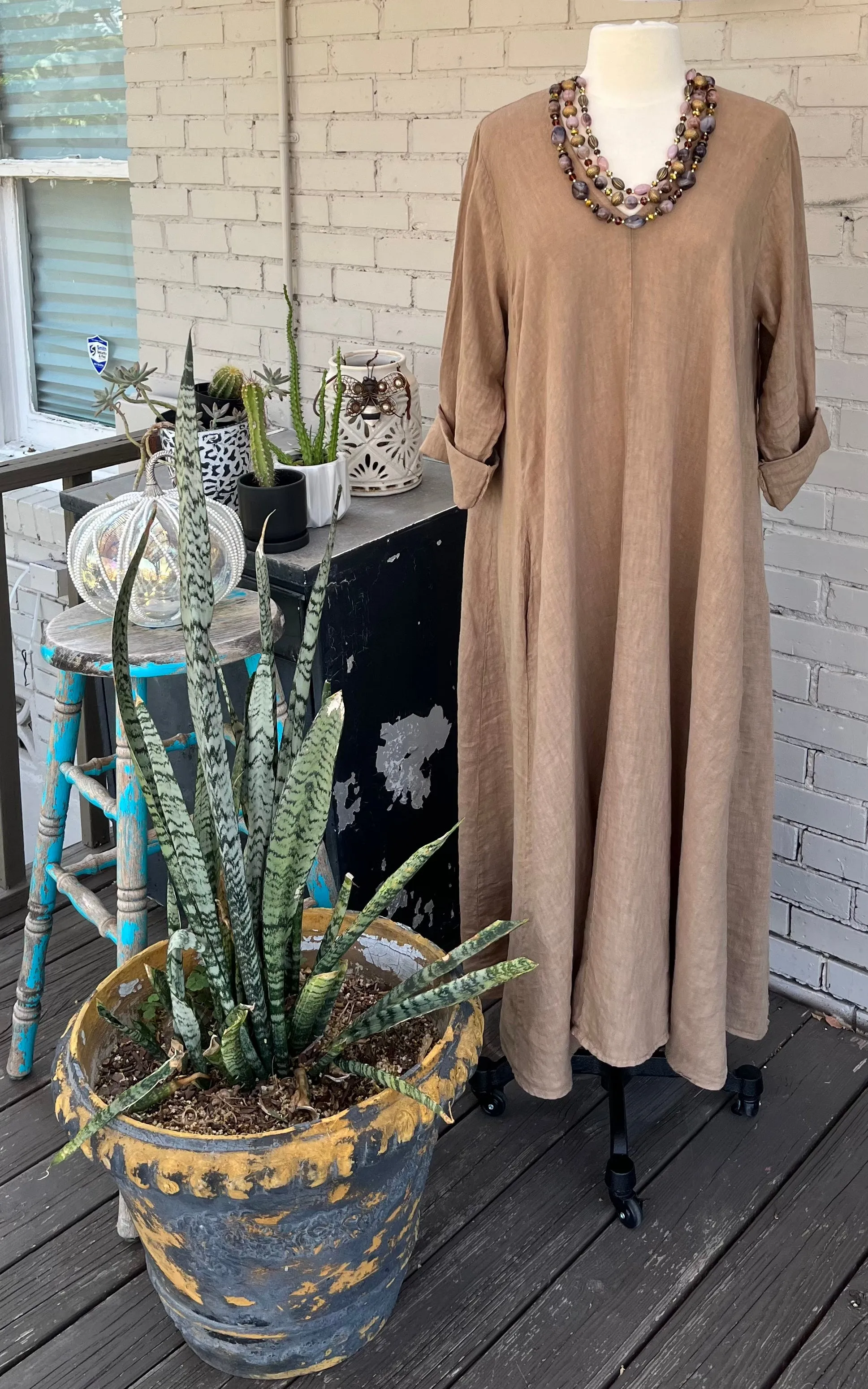 Camel Washed Linen Dress Subtle Drape