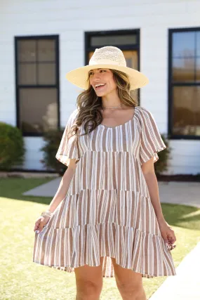 FINAL SALE - Springtime Sweetie Off White Striped Linen Tiered Mini Dress Tailored Wear