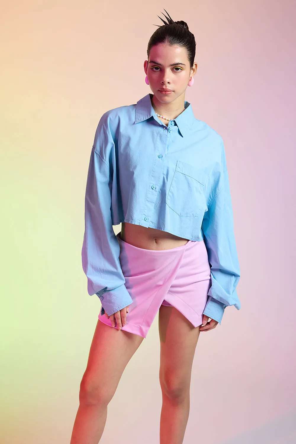Blue Cropped Cotton Shirt Work-to-Weekend Everyday Wear