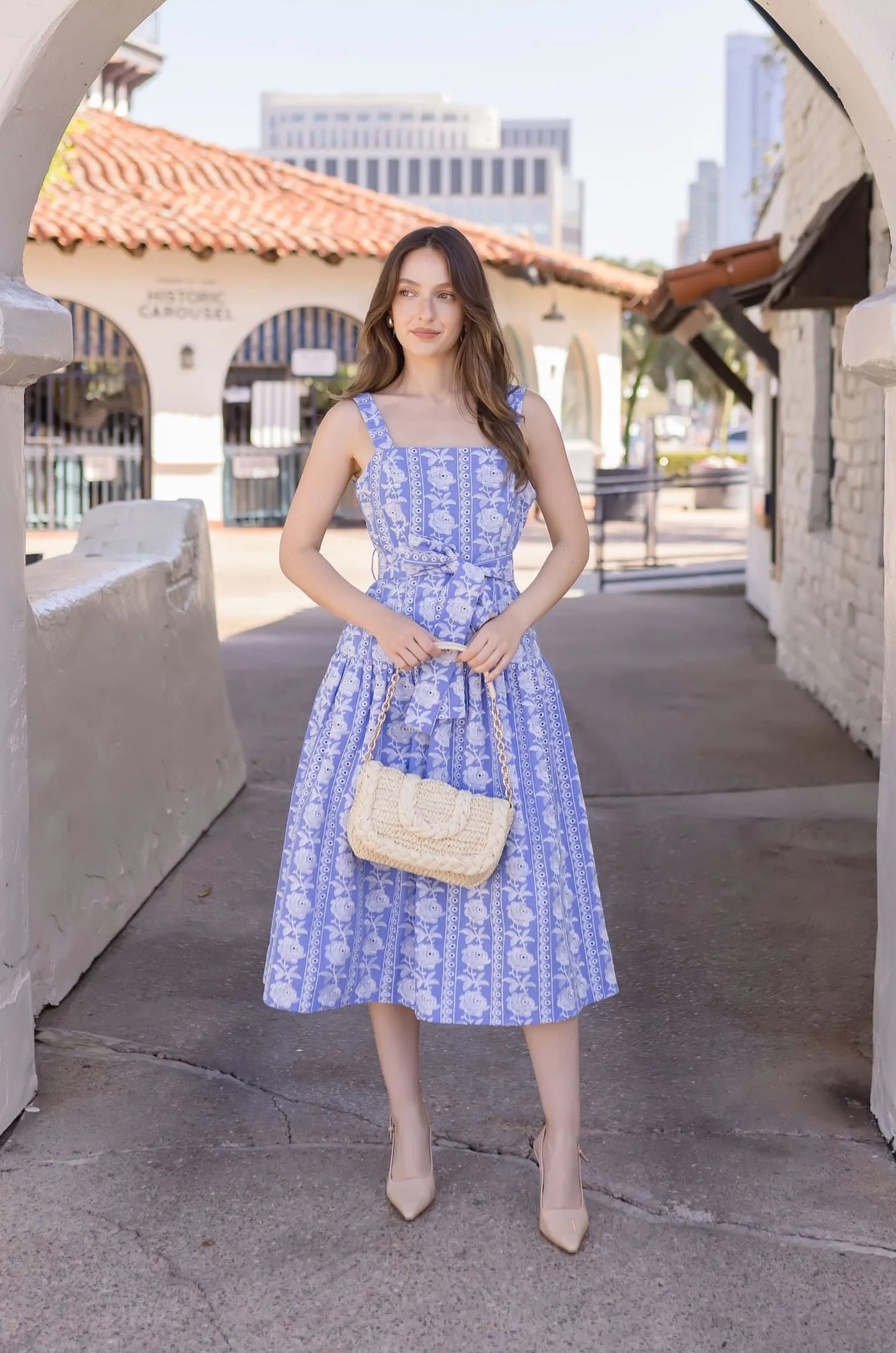 Bodycon Fit Fashionable Style Betty Sleeveless Embroidered Floral Waist Tie Midi Dress Blue