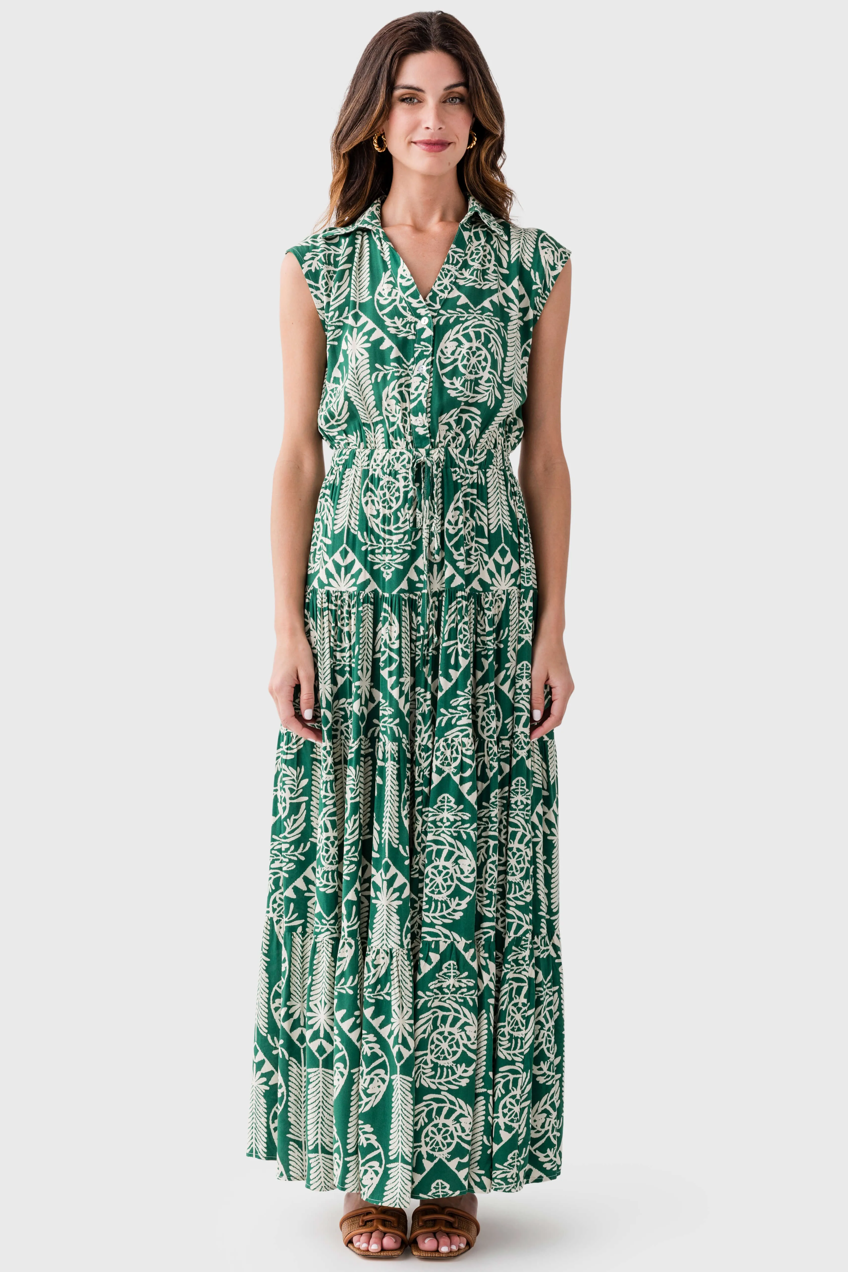 CrinkleResistantWeave Travel Vibe Pinch Jungle Print Tiered Maxi Dress