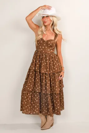 Scoop-Neck Feminine Mood FINAL SALE - Dance The Night Away Brown Floral Tiered Midi Dress