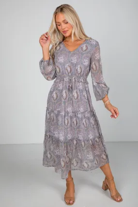 Stay With Me Lavender Floral Midi Dress Sophisticated Waistband Fit