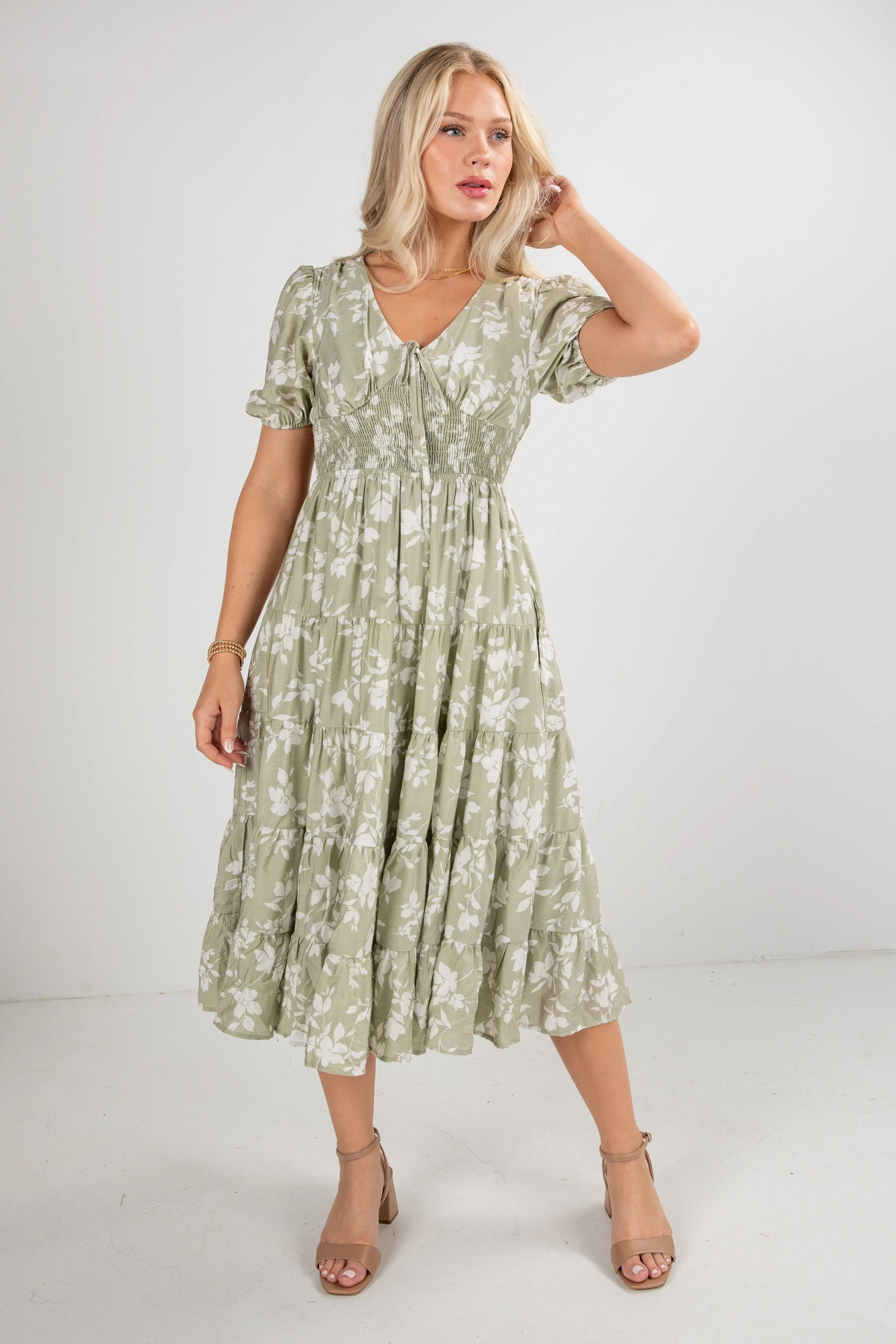 FINAL SALE - Second Nature Sage Floral Tiered Midi Dress Comfy and Elegant Calm Tone