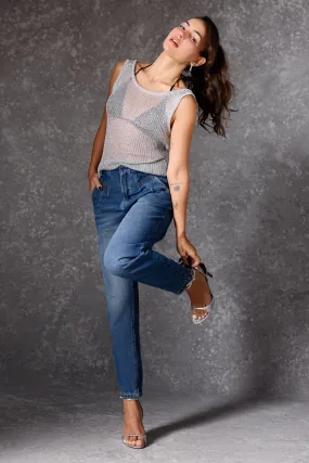 Relaxed Basics Dark Blue Darted Women's Slouchy Jeans