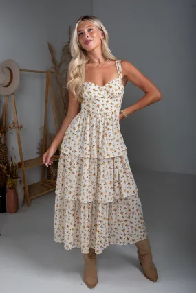 Precious Moments Cream Floral Tiered Midi Dress Layered Look