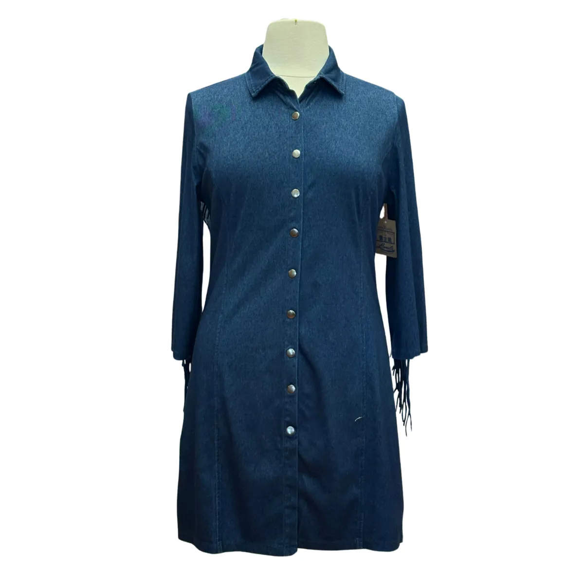Tailored Comfort Blue Denim Knit Dress w/ Fringe