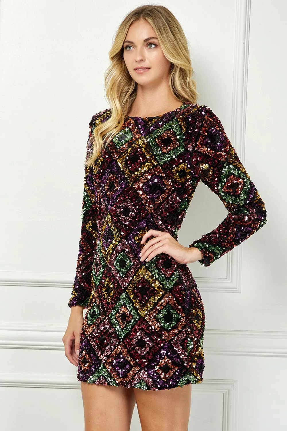 Jewel Tones All Over Sequin Mini Dress Flattering Comfort Wear Sleek Waist