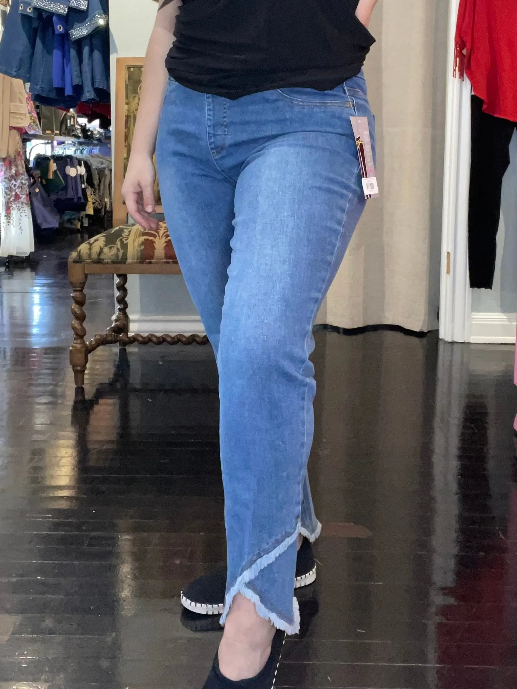 Stretch waistband Washed Indigo Pull On Fringe Tulip Hem Ankle Pant