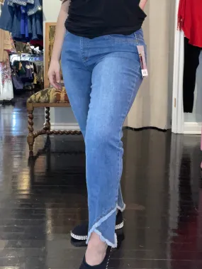 Stretch waistband Washed Indigo Pull On Fringe Tulip Hem Ankle Pant