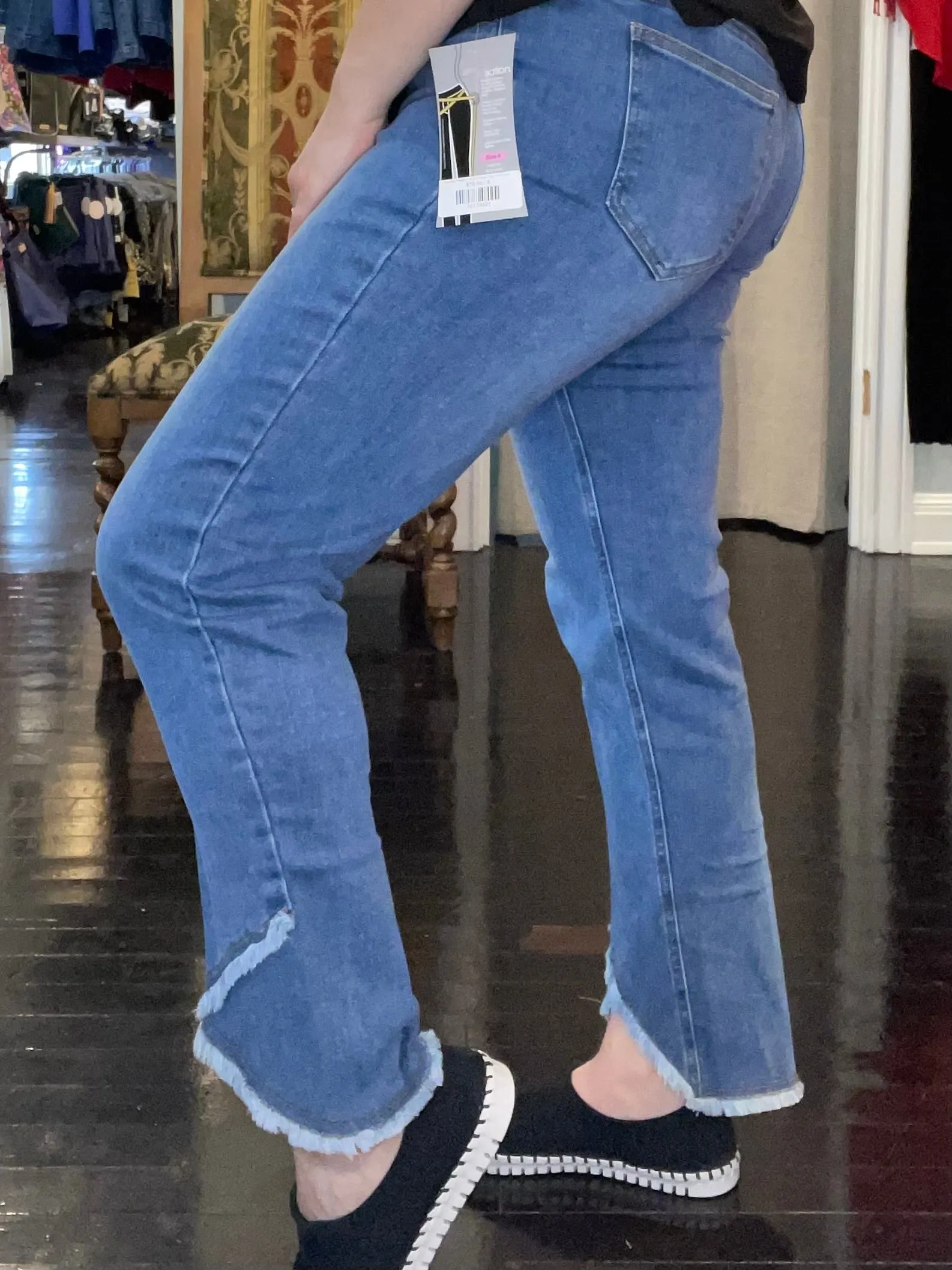 Washed Indigo Pull On Fringe Tulip Hem Ankle Pant No Ride Up