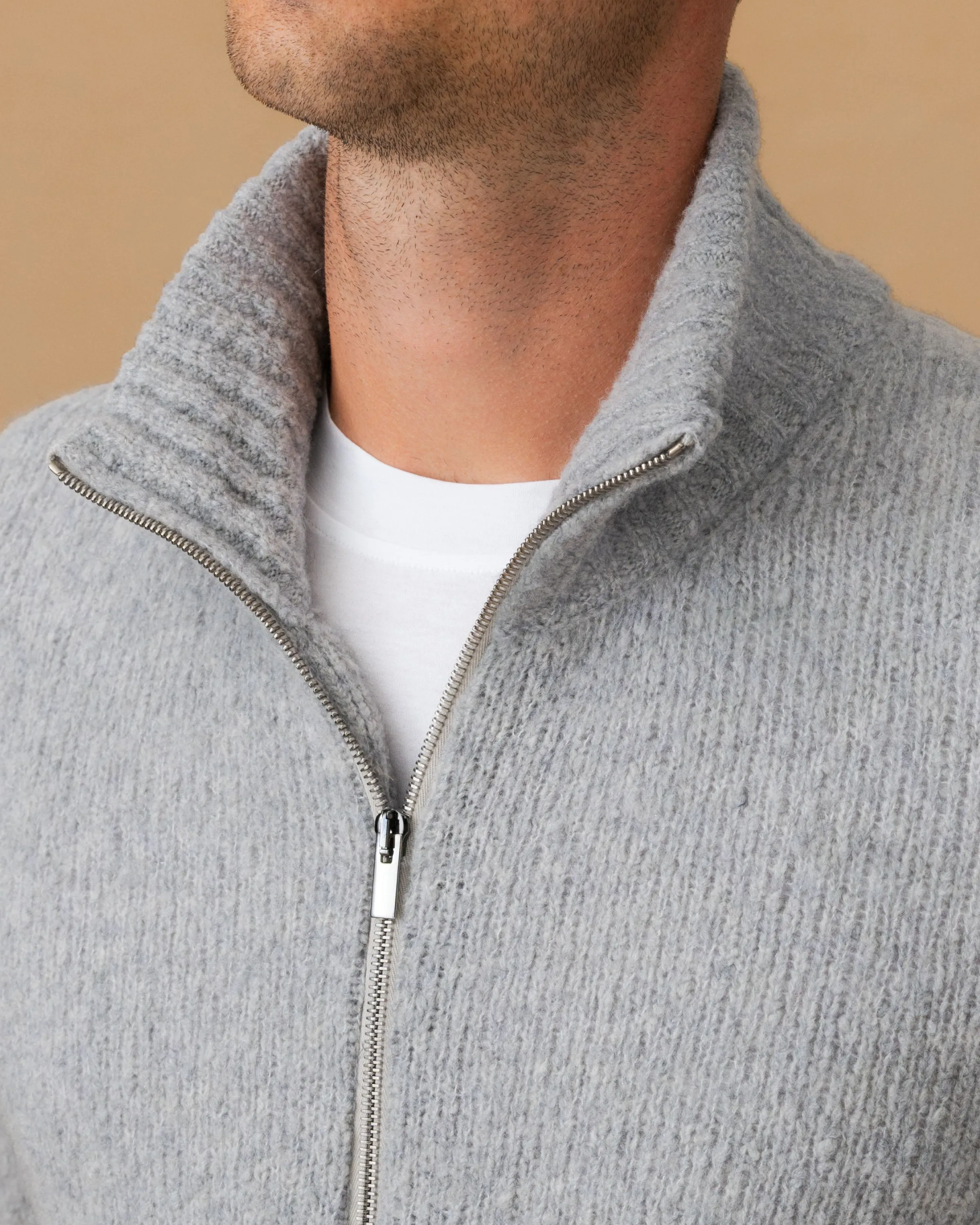 Reflective Yarn Accent Stretch Knit Backing Felted Wool Cashmere Zip-Through Sweater