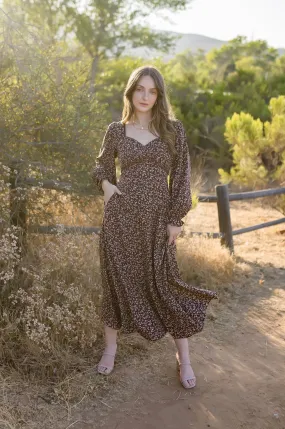 Marylin Long Sleeve Floral Print Maxi Dress Brown SustainableCotton Smart Detail
