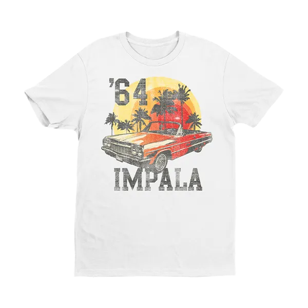 "64 Impala Sunset Palms T-Shirt Perfect for Vacation Casual Touch