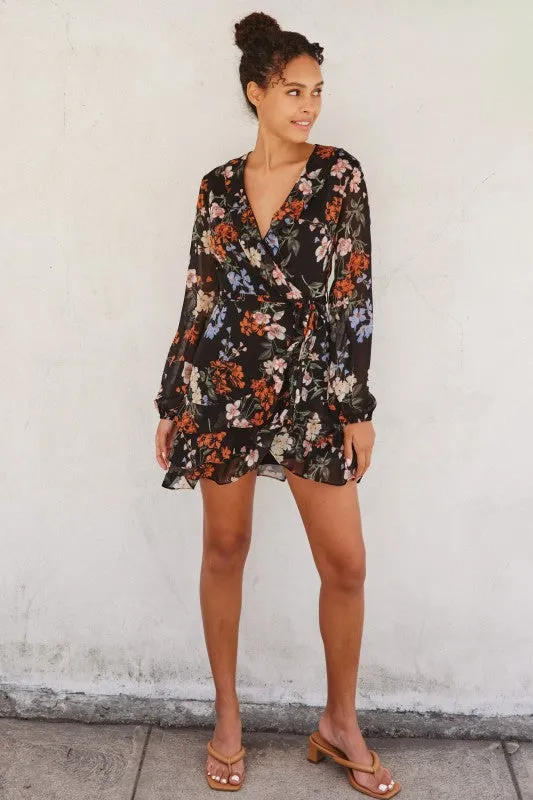 Raquel Long Sleeve Floral Print Wrap Mini Dress Black All Season