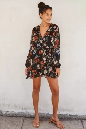 Farm Air Fall Outfit Raquel Long Sleeve Floral Print Wrap Mini Dress Black