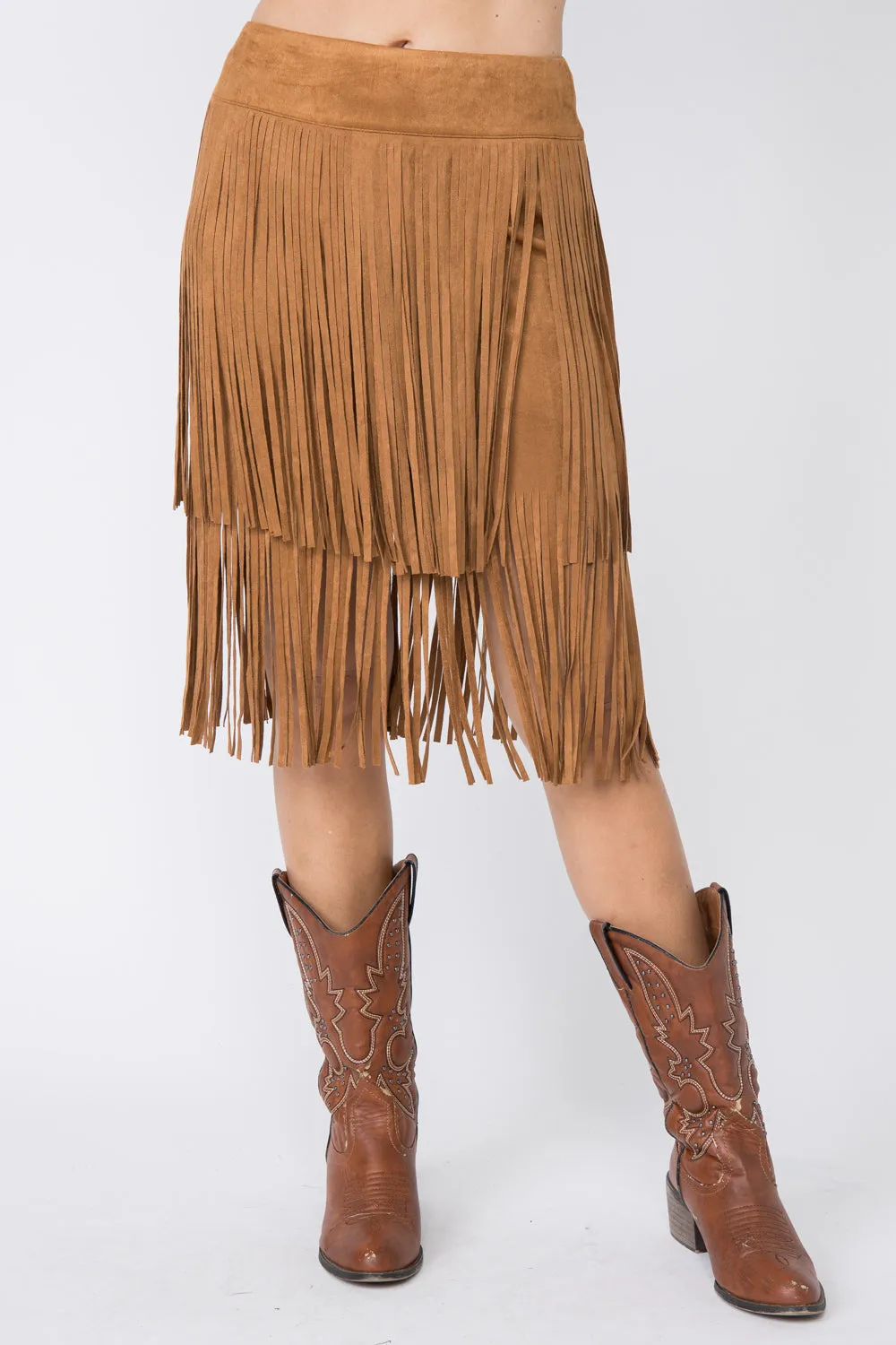 Chic Appeal Camel Ultra Suede Fringe Mini Skirt