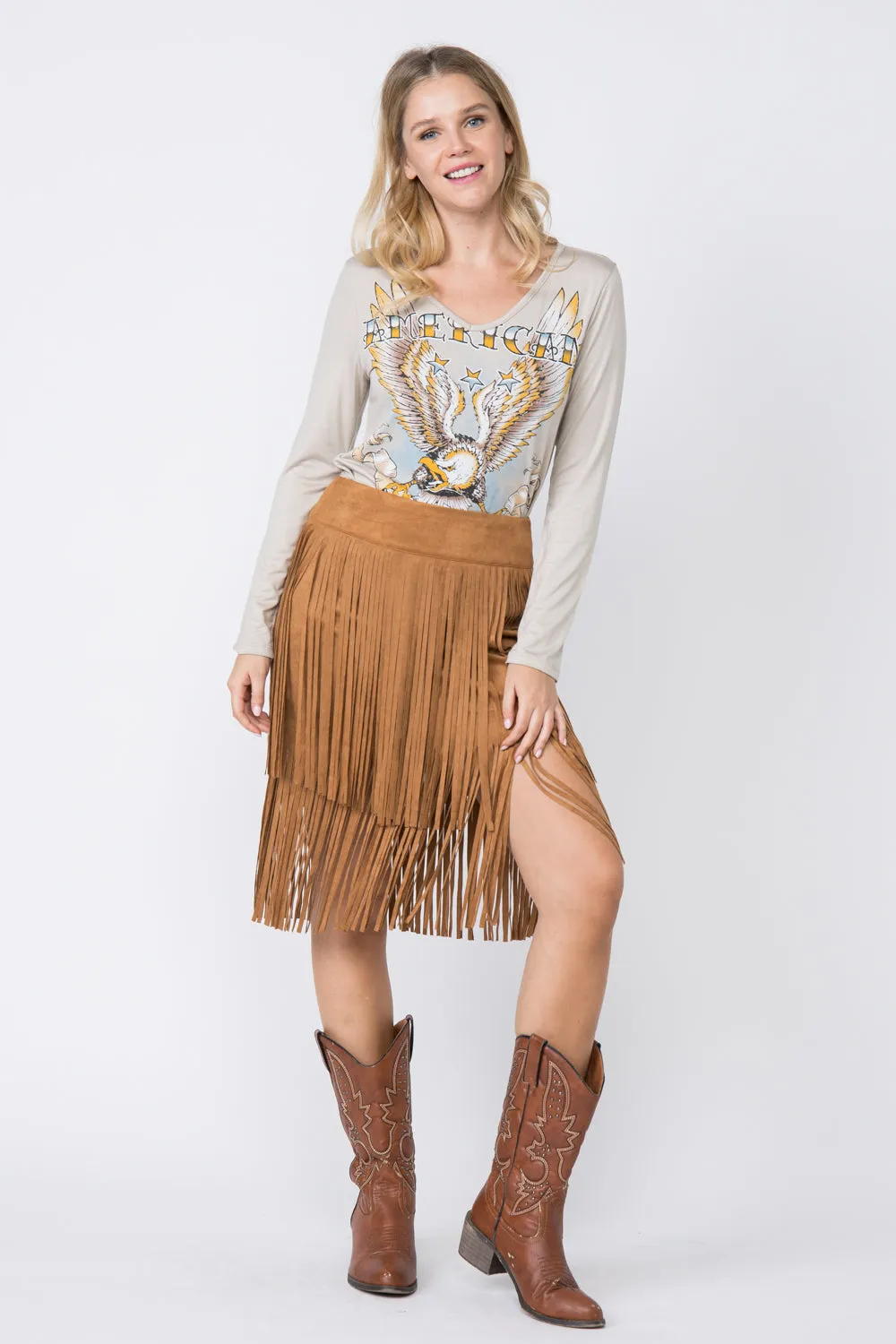 Camel Ultra Suede Fringe Mini Skirt Work Friendly HiddenDrawcord