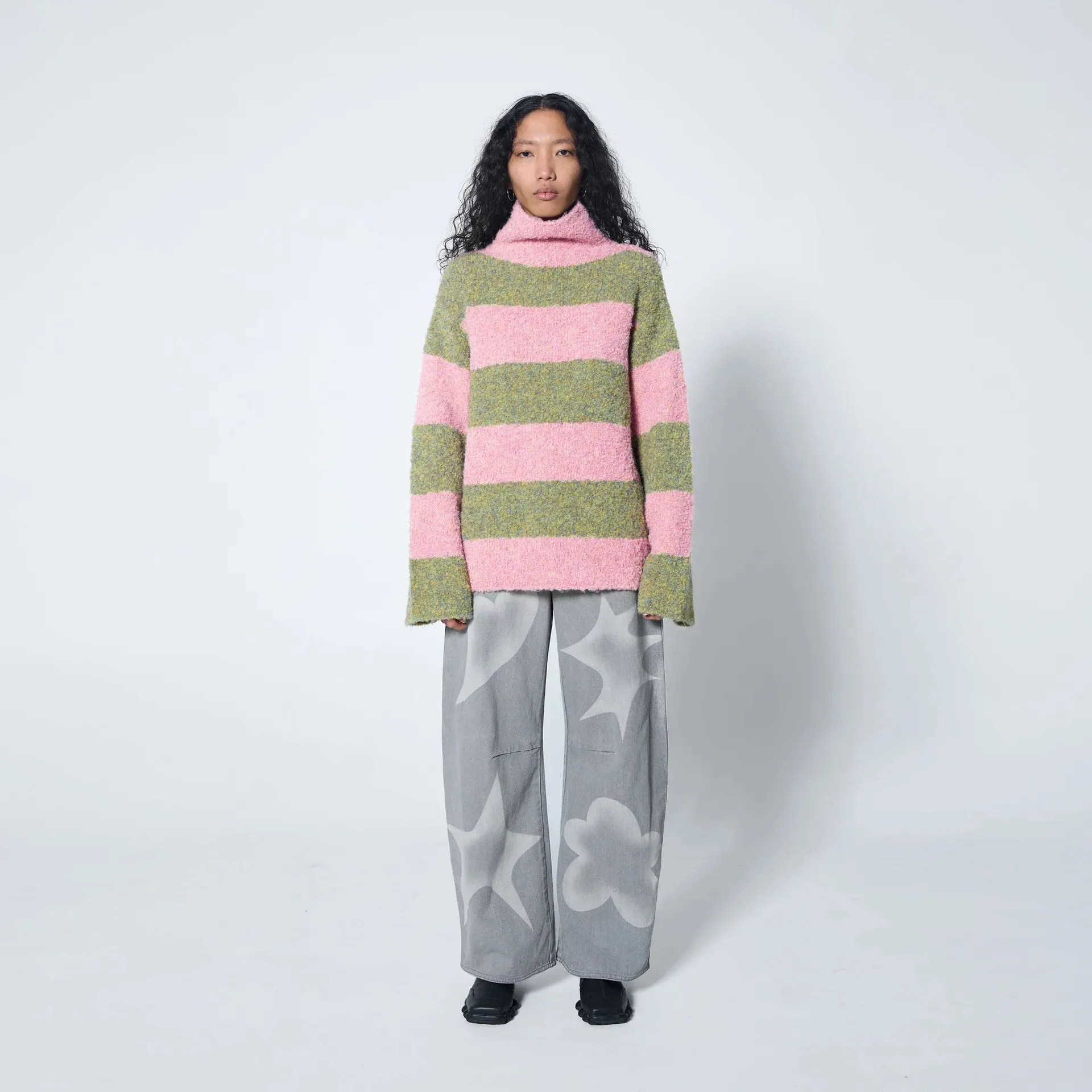 Neutral Colors Pink Stripe Oversized Funnel Sweater