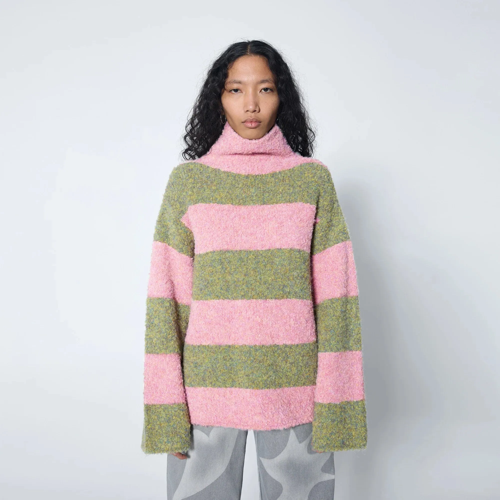 Pink Stripe Oversized Funnel Sweater Stay Simple Water Repellent Finish