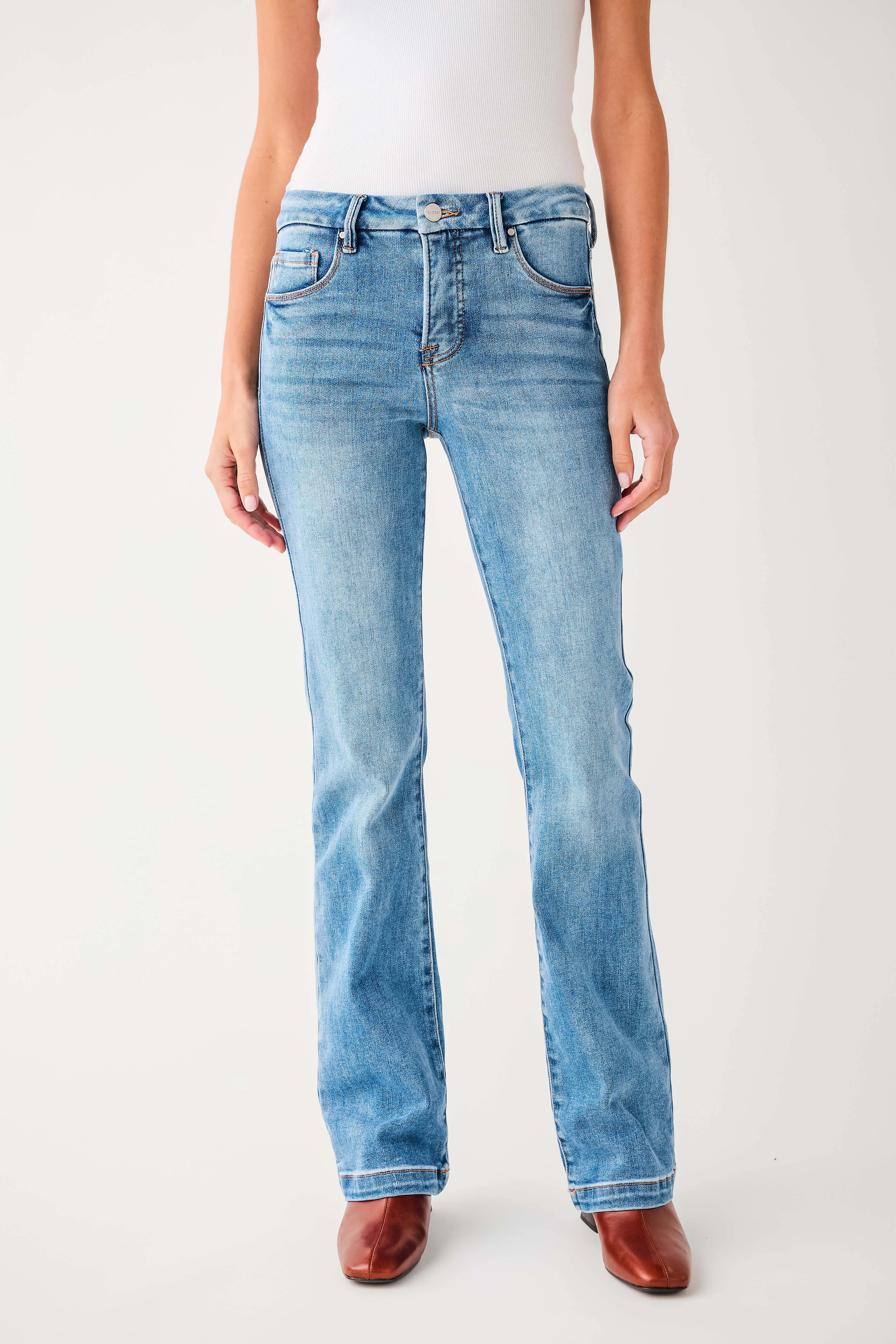 Risen Grace Mid Rise Baby Bootcut Jeans tailored look Earthy Music Event