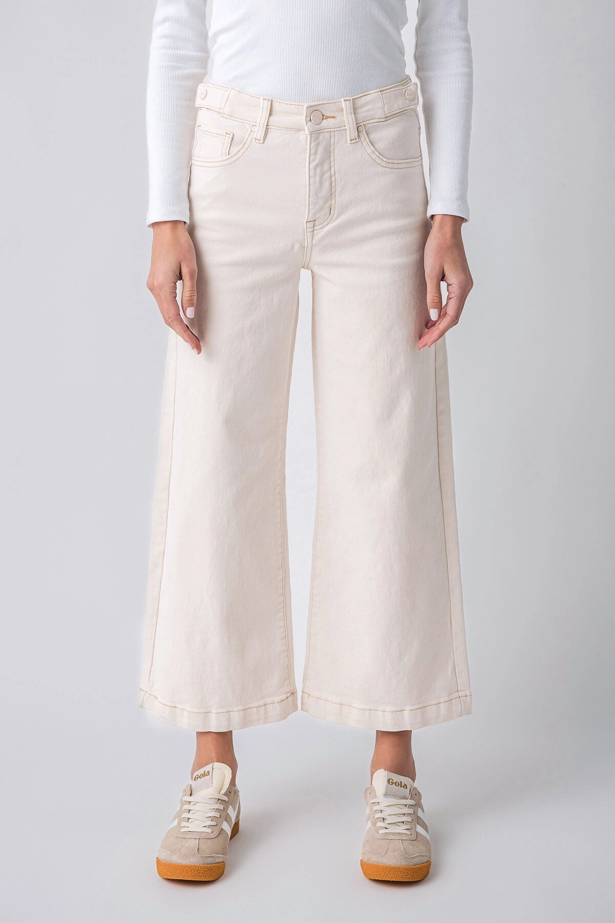 Risen Isla TC High Rise Adjustable WB Crop Wide Leg Pants Neutral Fabric Tapered leg
