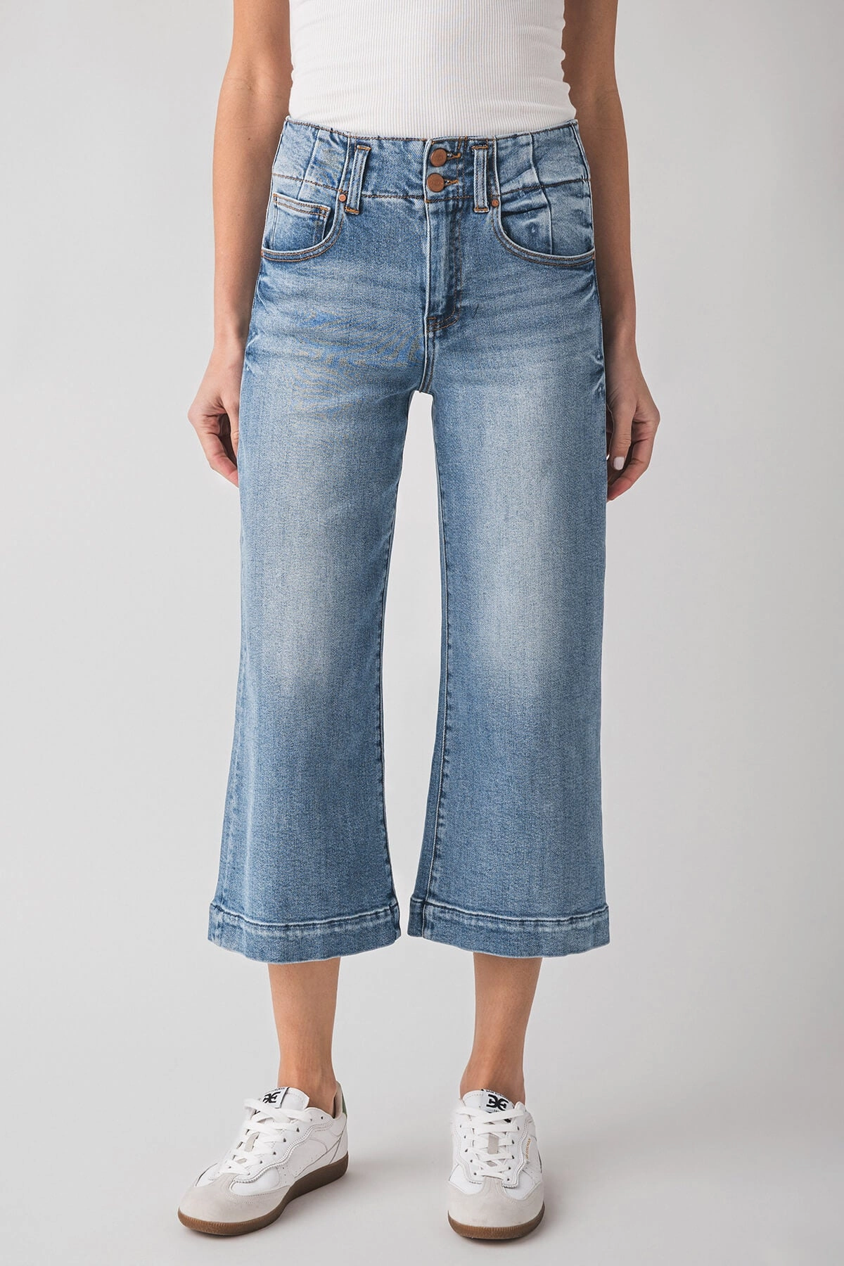 Risen Nora High Rise Double Button Crop Wide Leg Jeans Minimal Fading Casual Classic
