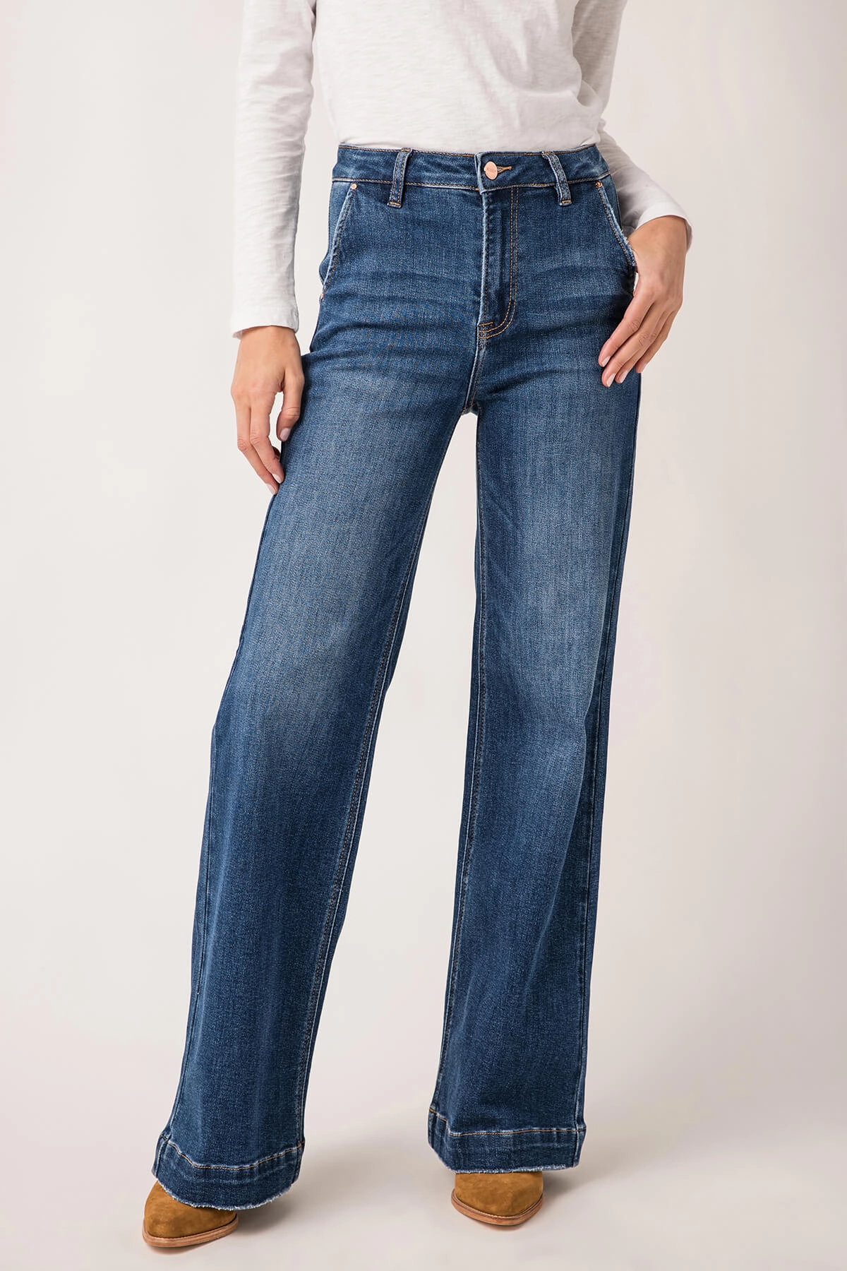 Sleek Waist Barrel Leg Construction Risen Trouser Wideleg Jeans