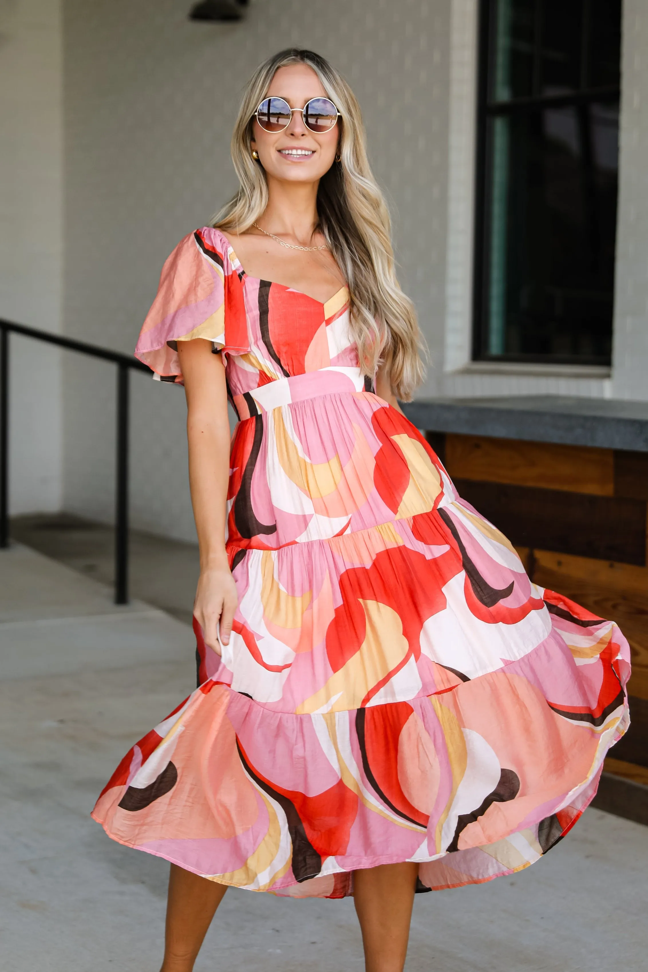 FINAL SALE - All Coming Together Coral Tiered Midi Dress Chic Layering Trend Fit