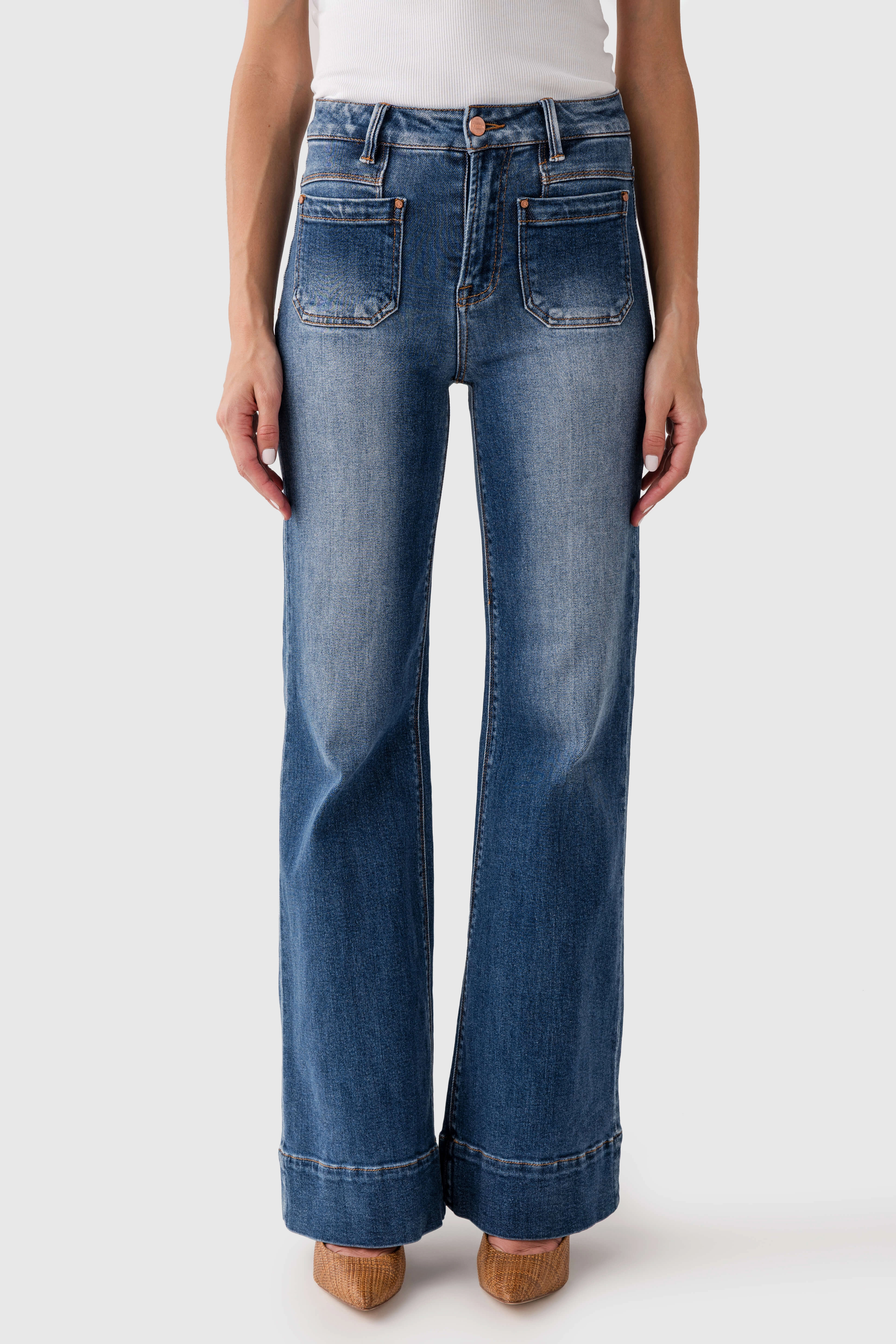 Smart Casual Neutral Risen Avery High Rise Wide Flare Patch Pocket Jeans