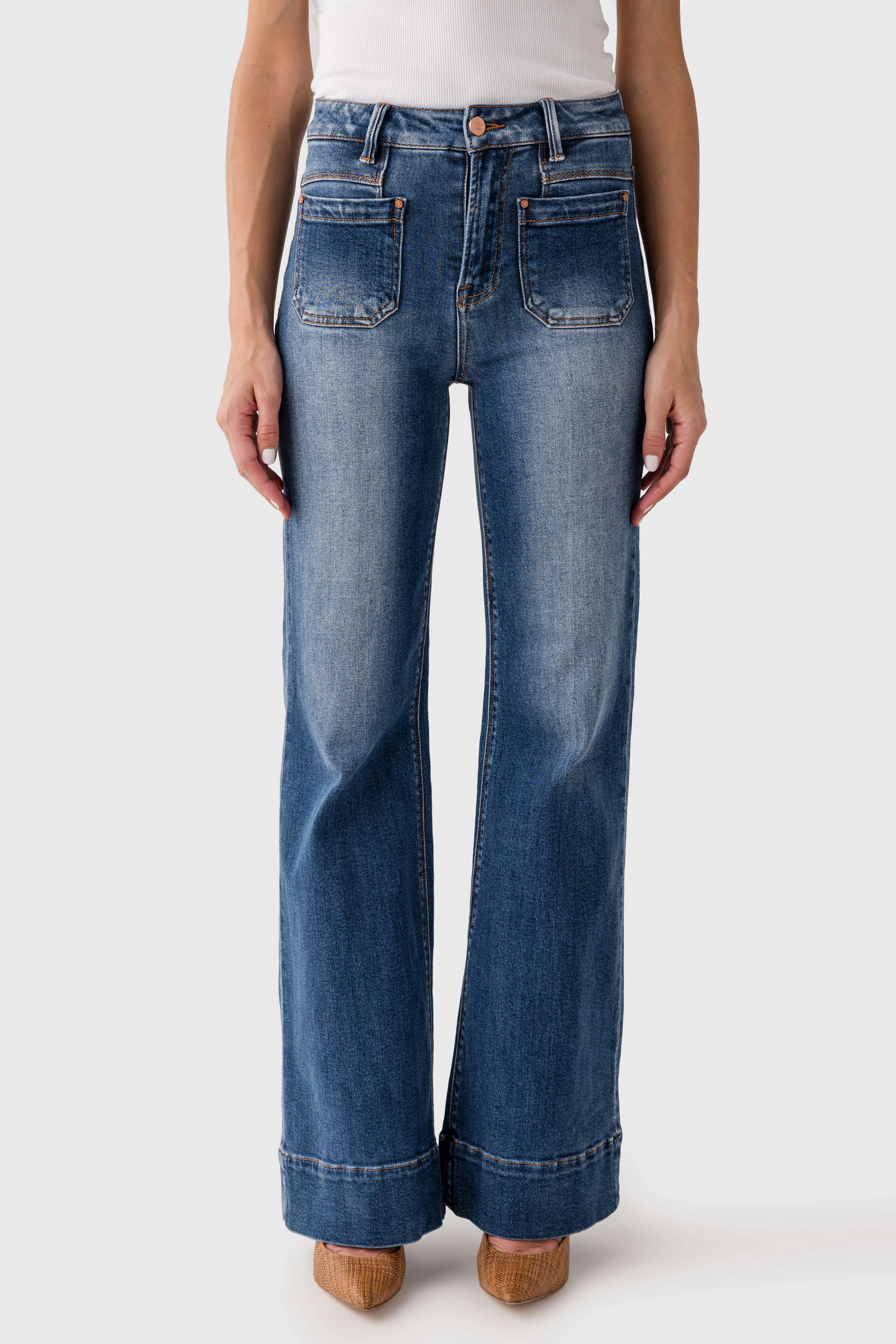 Risen Avery High Rise Wide Flare Patch Pocket Jeans Classic Wear Textured