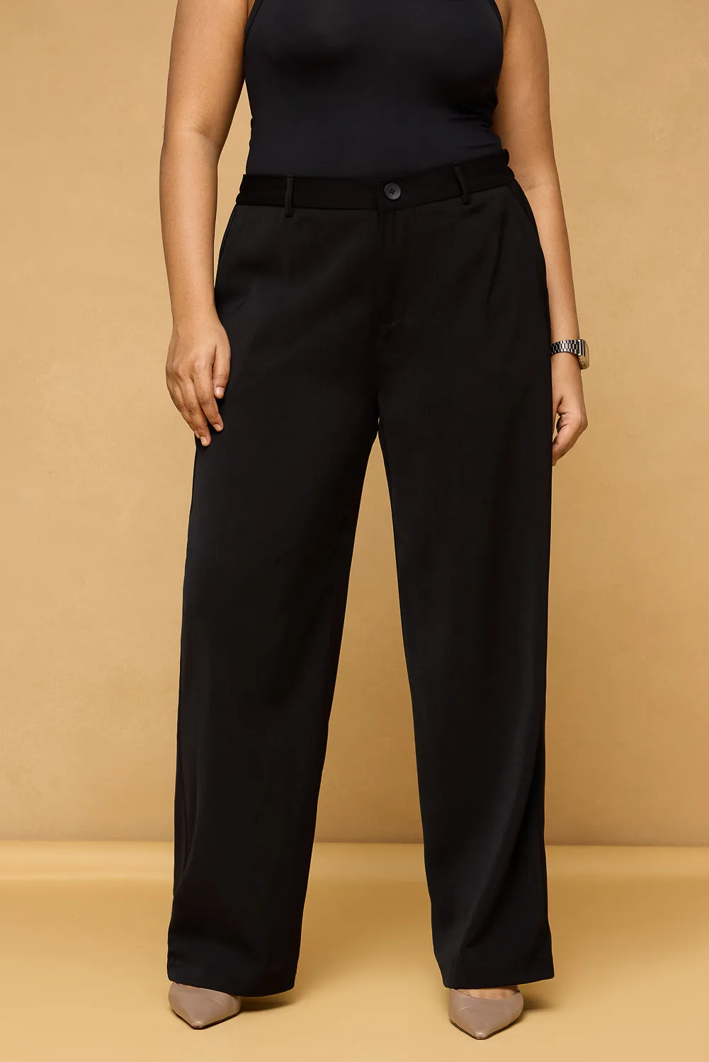 Curve Pitch Black Elasticated Straight Korean Pants Timeless Style ReinforcedPockets
